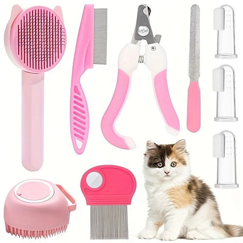 8-Pc Cat Grooming Kit – Brushes, nail clippers, flea comb & more.