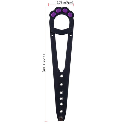 Aviour adjustable cat door latch in black with purple paw-shaped handle and multiple holes for size adjustment