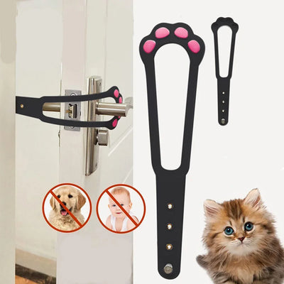 Aviour adjustable cat door latch with pink paw design shown installed on a door to block dogs and babies