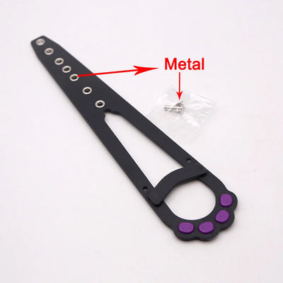 Aviour adjustable cat door latch in black metal with purple paw print design and mounting screws