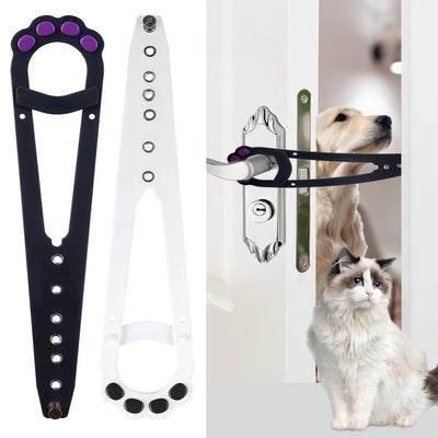 Aviour adjustable cat door latch in black and white with paw design securing door with dog and cat nearby