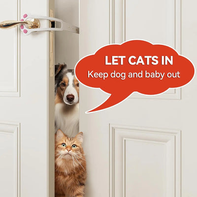 Aviour adjustable cat door latch installed on a white door preventing a dog and baby from entering while letting cats in