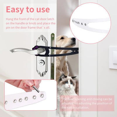 Aviour adjustable cat door latch on door handle with close up of latch and pets waiting nearby