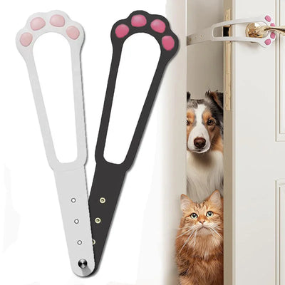 Aviour adjustable cat door latch with pink paw design shown in white and black securing a door with a cat and dog behind it