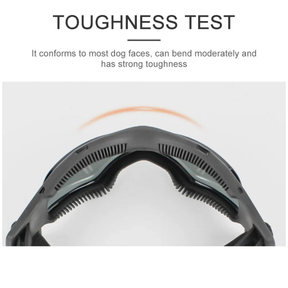 Aviour adjustable pet goggles shown bending to demonstrate toughness and flexible design