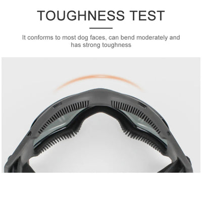 Aviour adjustable pet goggles shown bending to demonstrate toughness and flexible design