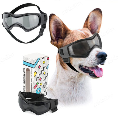 Aviour adjustable pet goggles in black with tinted lenses shown on a dog and separately with packaging