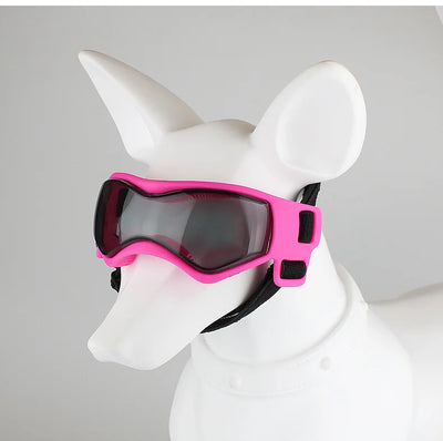 Aviour adjustable pet goggles in bright pink with black strap on white dog mannequin