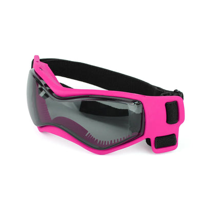 Aviour pink adjustable pet goggles with black tinted lenses and secure velcro strap