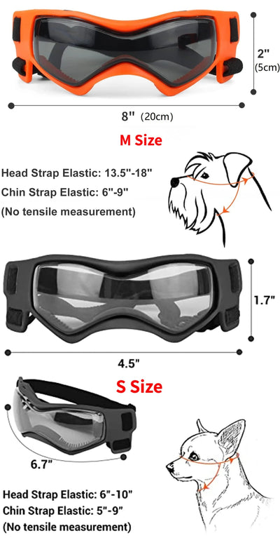 Aviour adjustable pet goggles in orange and black with size measurements and elastic straps for medium and small dogs