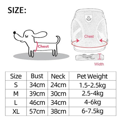 Aviour adjustable pet harness for cats and dogs size chart showing chest and neck measurements with pet weight guide