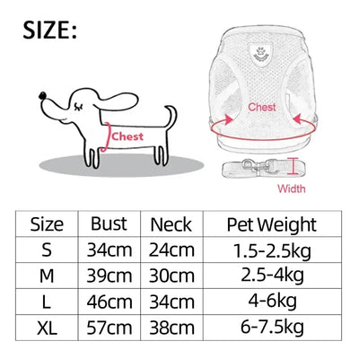 Adjustable pet harness for cats and dogs size chart showing chest and neck measurements with pet weight guide