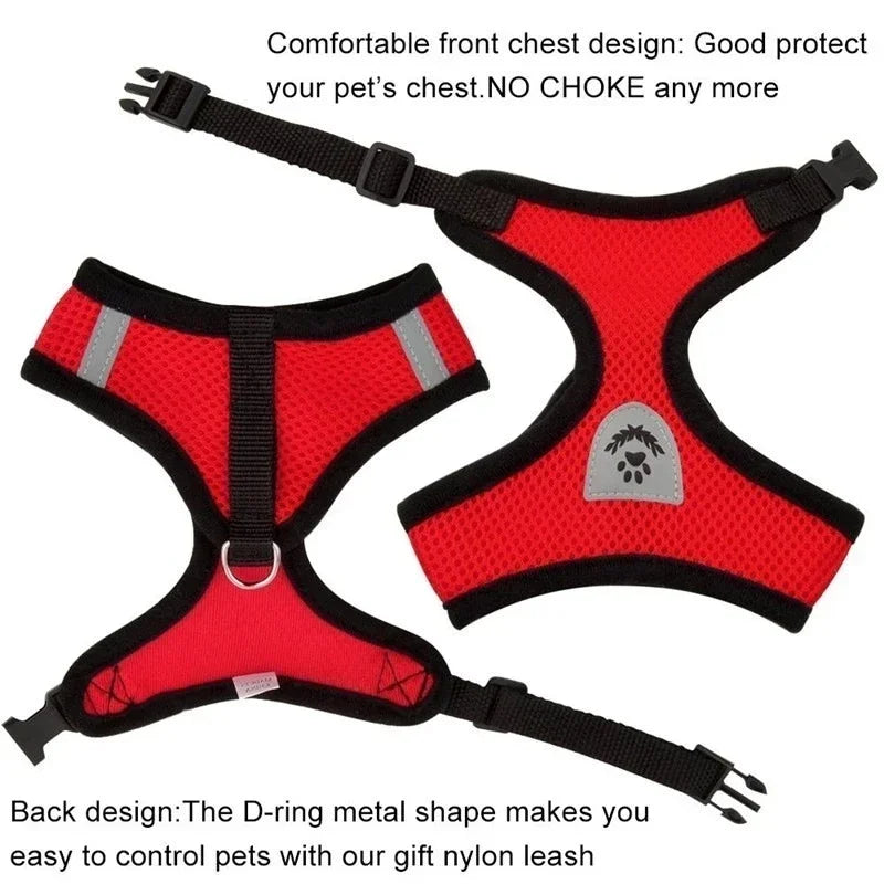 Red adjustable pet harness for cats and dogs with breathable mesh and reflective strips