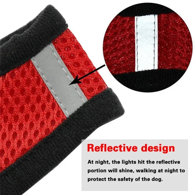 Red adjustable pet harness for cats and dogs with reflective design for night safety and black edging