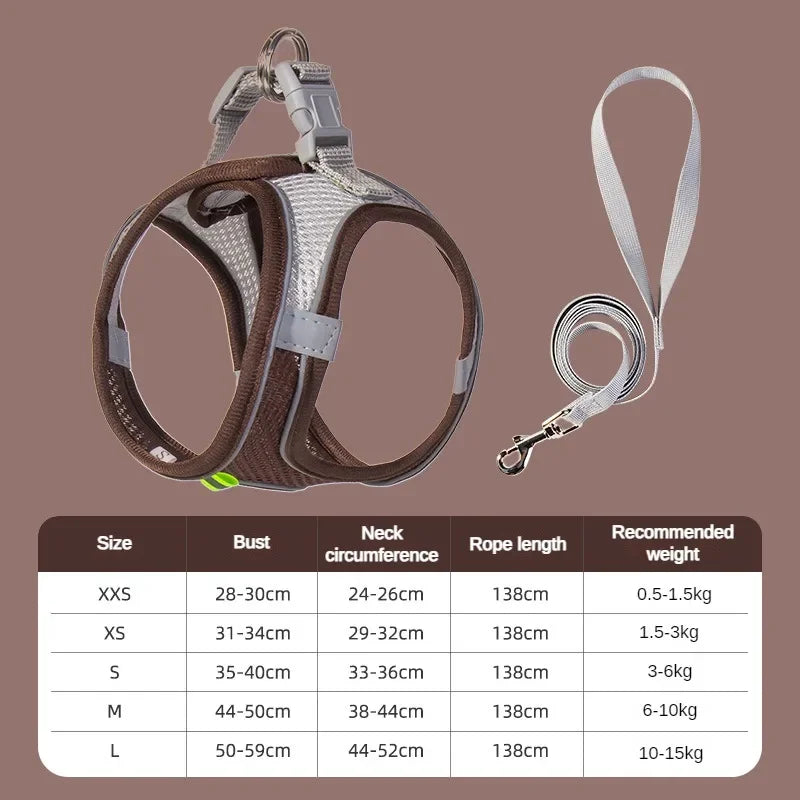 Aviour adjustable pet harness vest in brown with matching leash and size chart for bust neck rope length and weight