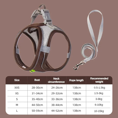 Aviour adjustable pet harness vest in brown with matching leash and size chart for bust neck rope length and weight
