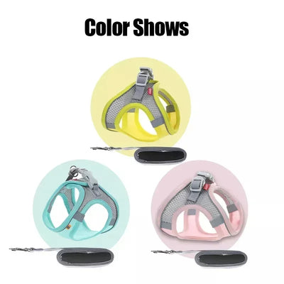 Aviour adjustable pet harness vest in yellow, blue, and pink colors with matching leashes