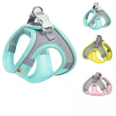 Aviour adjustable pet harness vest in blue, yellow, and pink breathable mesh with secure buckle and metal ring