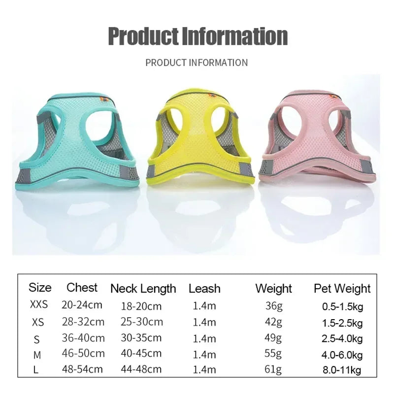 Aviour adjustable pet harness vest in blue, yellow, and pink with size chart for chest and neck measurements
