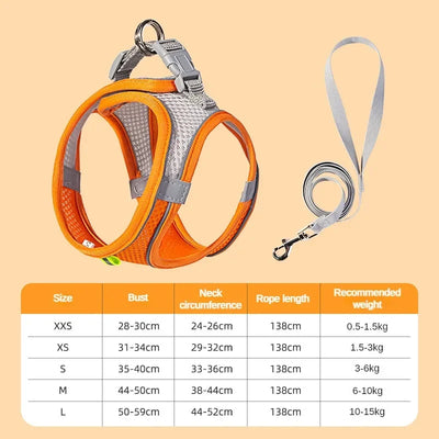 Adjustable pet harness vest in orange and gray with matching leash and size chart by Aviour