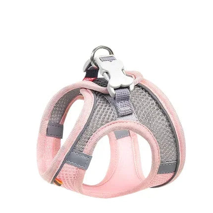 Aviour adjustable pet harness vest in pink and gray mesh with secure buckle and metal ring