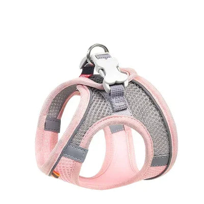 Aviour adjustable pet harness vest in pink and gray mesh with secure buckle and metal ring