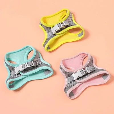 Aviour adjustable pet harness vest in yellow, blue, and pink colors with breathable mesh and secure buckles