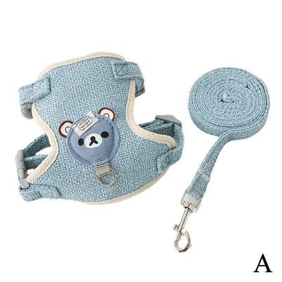 Aviour blue adjustable undershirt harness for pets with a cute bear design and matching leash