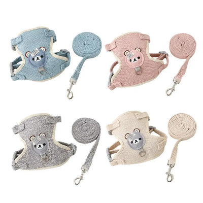 Aviour adjustable undershirt harness for pets in blue pink gray and beige with matching leashes and bear face design