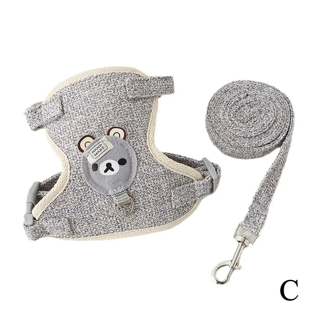 Aviour adjustable undershirt harness for pets in gray with bear design and matching leash