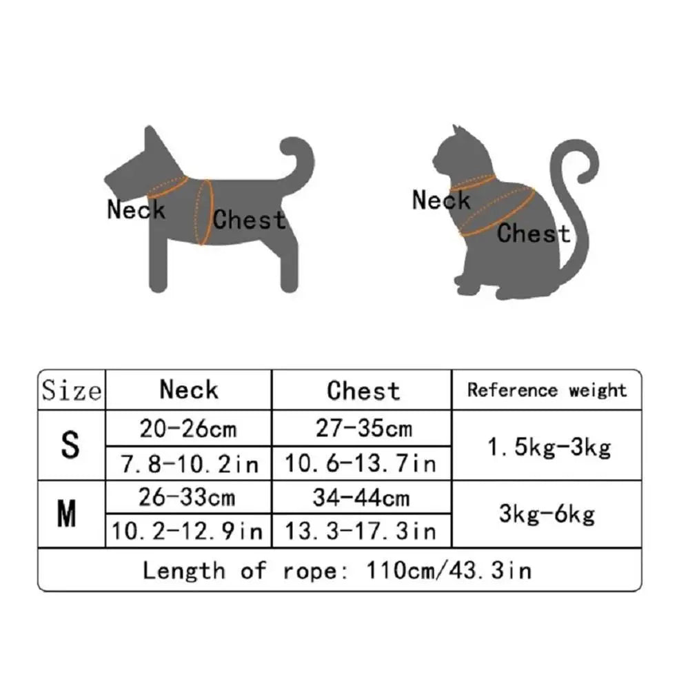Size chart and measurement guide for adjustable undershirt harness for pets showing neck and chest dimensions