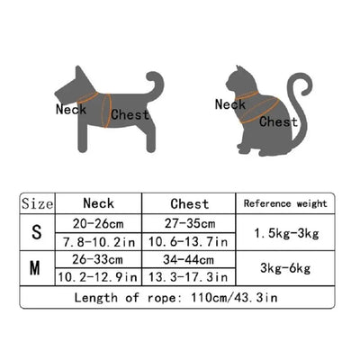Size chart and measurement guide for adjustable undershirt harness for pets showing neck and chest dimensions