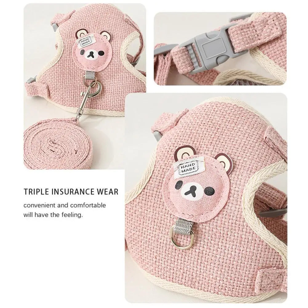 Pink adjustable undershirt harness for pets with bear design and matching leash by Aviour