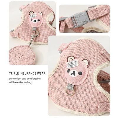 Pink adjustable undershirt harness for pets with bear design and matching leash by Aviour