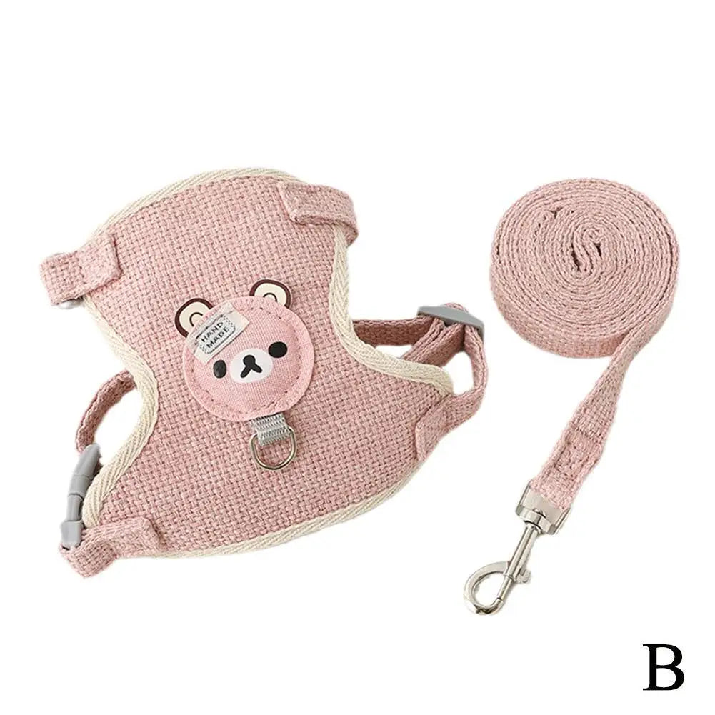 Aviour adjustable undershirt harness for pets in soft pink with bear design and matching leash