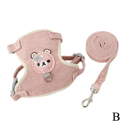 Aviour adjustable undershirt harness for pets in soft pink with bear design and matching leash