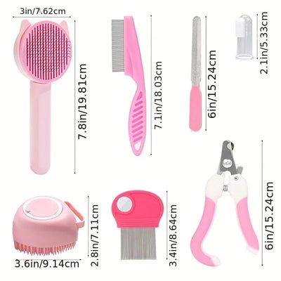 Aviour pink cat grooming kit with nail clippers including brushes, comb, nail file, and flea comb