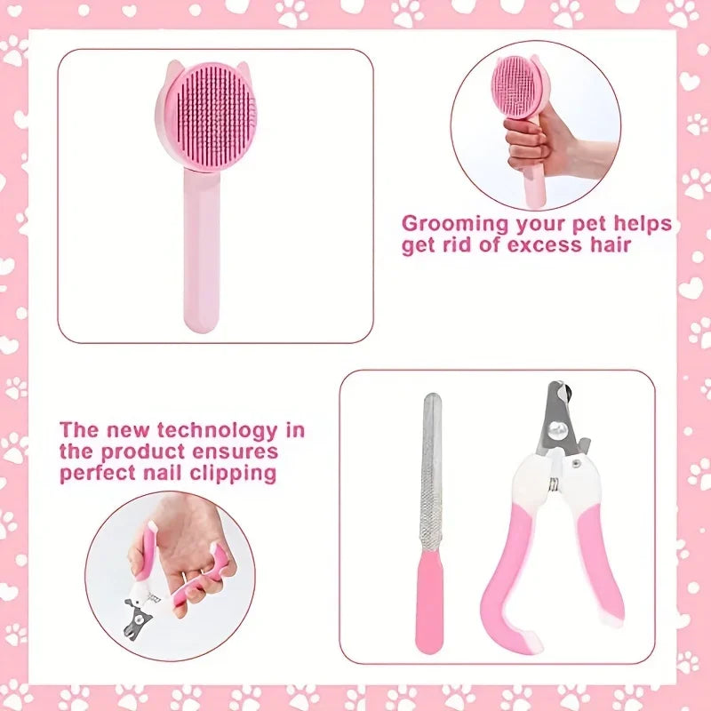 Aviour cat grooming kit with nail clippers includes a pink pet brush and nail clippers with nail file