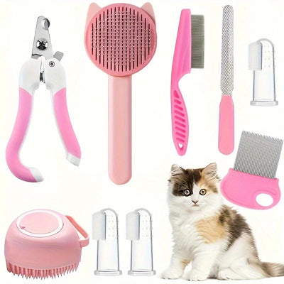 Pink Aviour cat grooming kit with nail clippers including brushes combs and nail care tools with a fluffy cat