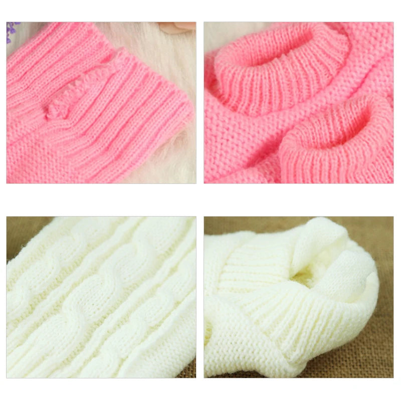 Aviour pink and white knitted cat sweater for hairless cats with ribbed collar and cable knit design