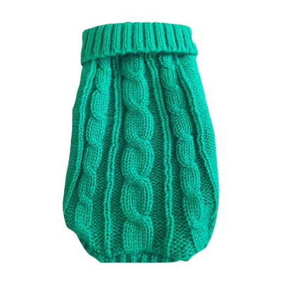 Aviour green knitted cat sweater for hairless cats with cable knit pattern and folded collar