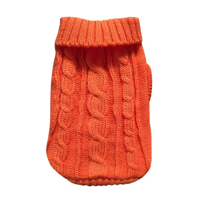 Orange cable knit cat sweater for hairless cats with a cozy turtleneck design