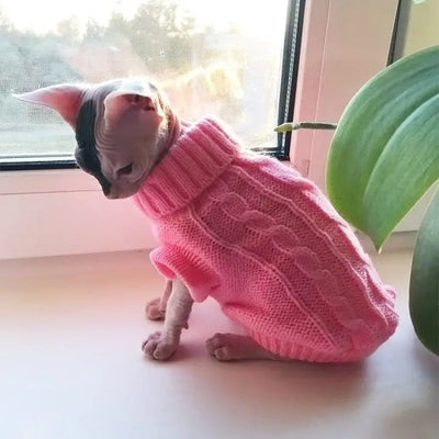 Pink knitted cat sweater for hairless cats worn by a sphynx cat sitting near a window