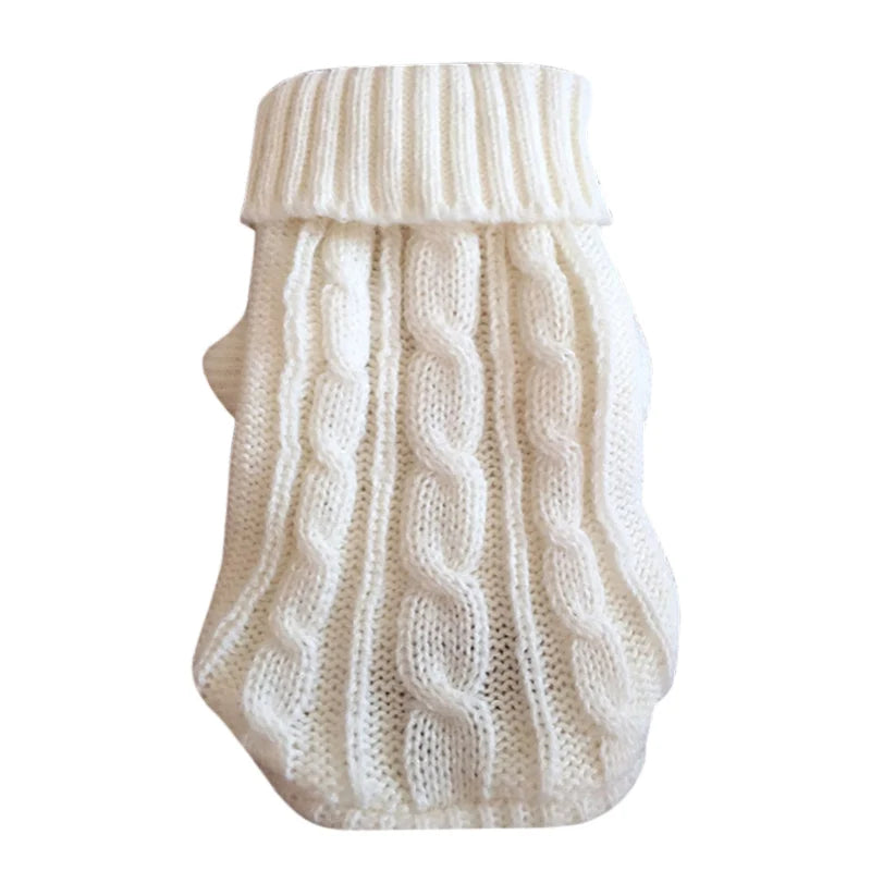 White cable knit cat sweater for hairless cats with a fold-over turtleneck design