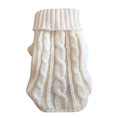 White cable knit cat sweater for hairless cats with a fold-over turtleneck design