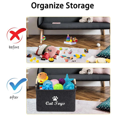 Aviour pet accessories storage basket labeled Cat Toys neatly organizing colorful pet toys under a couch