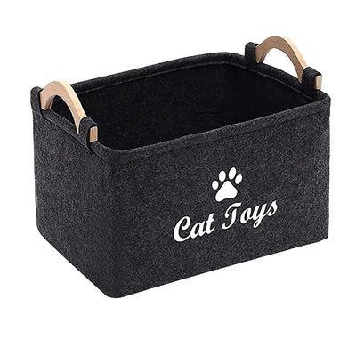 Aviour black felt pet accessories storage basket with wooden handles and Cat Toys text