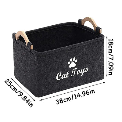 Black Aviour pet accessories storage basket with wooden handles and Cat Toys label