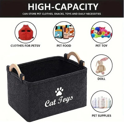 High capacity black pet accessories storage basket with wooden handles for storing cat toys and pet supplies