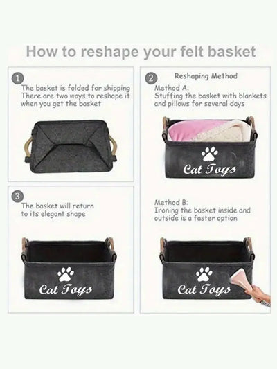 Instructions showing how to reshape Aviour pet accessories storage basket with folding, stuffing, and ironing methods